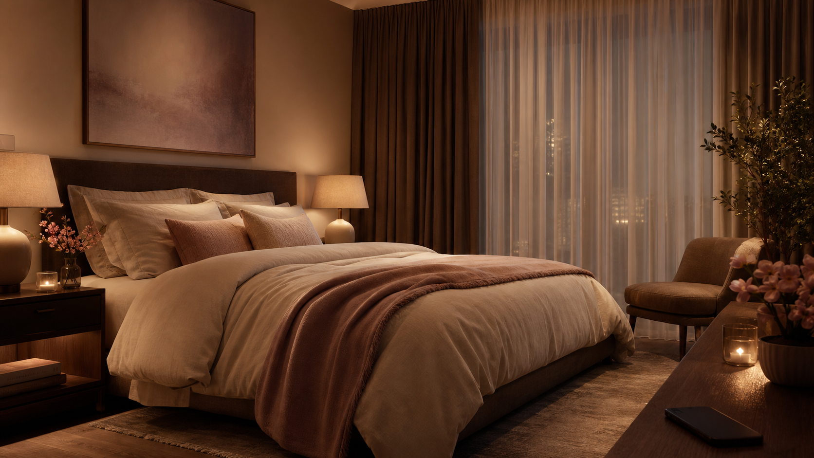 Vista ampla de quarto aconchegante com iluminação suave e cama arrumada