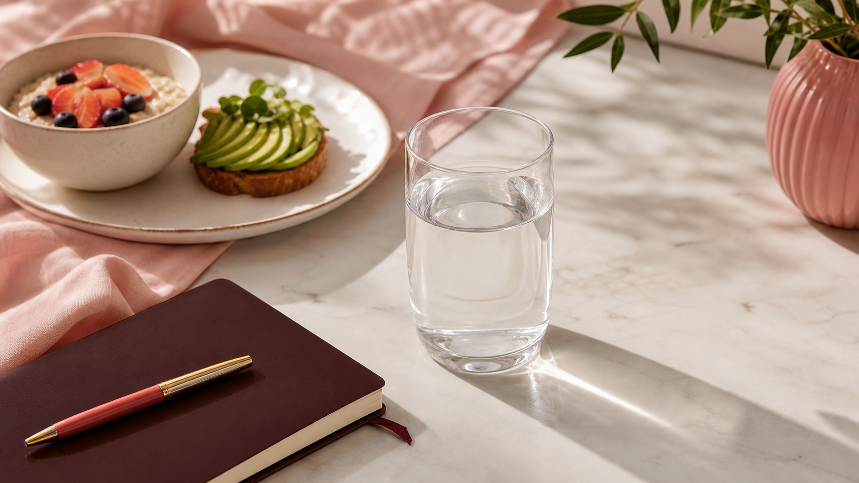 Café da manhã leve sobre mesa de mármore com torrada de abacate, mingau de aveia, caderno e copo de água