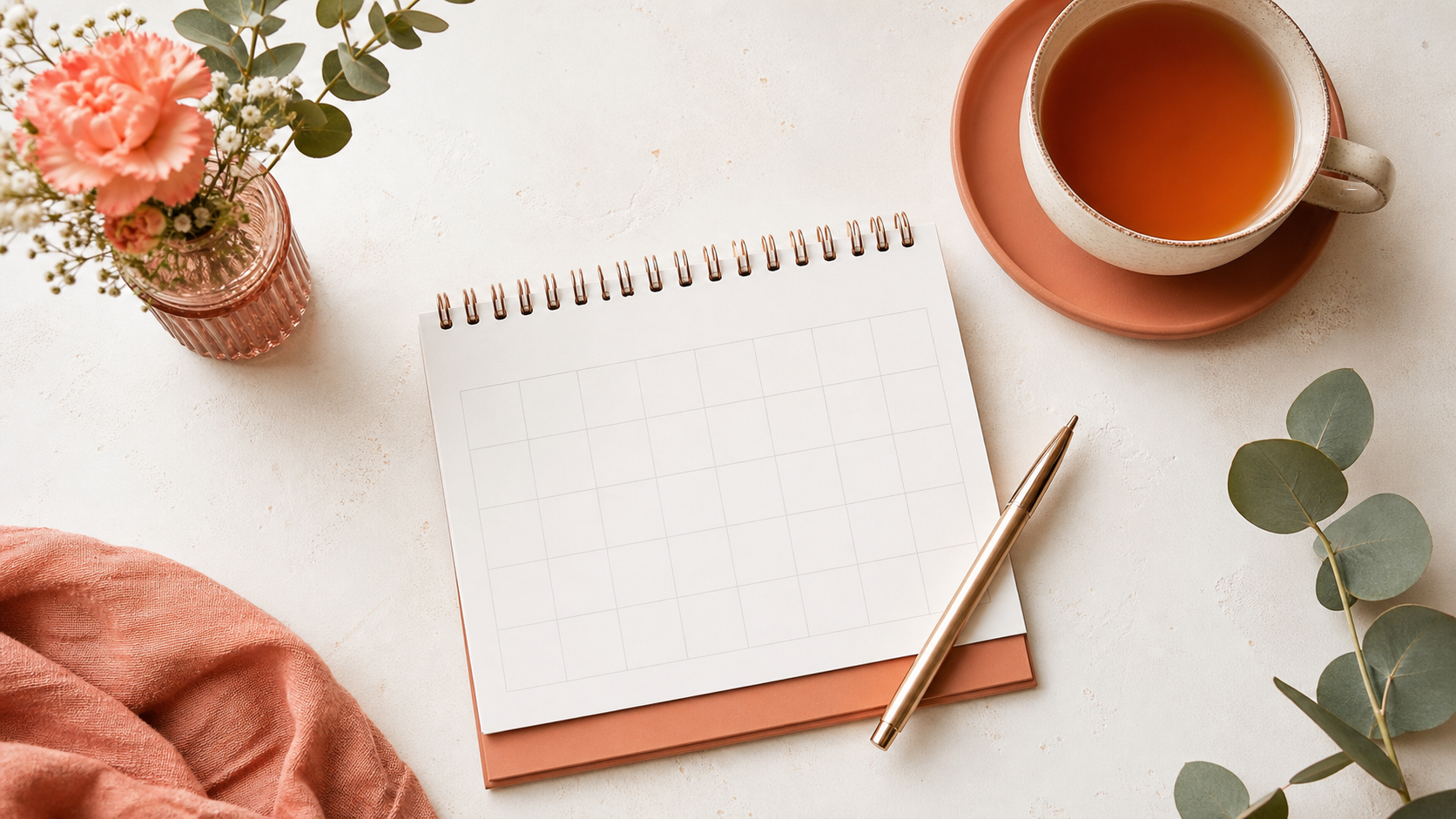Vista superior de planner aberto com caneta, xícara de chá e flores sobre mesa clara