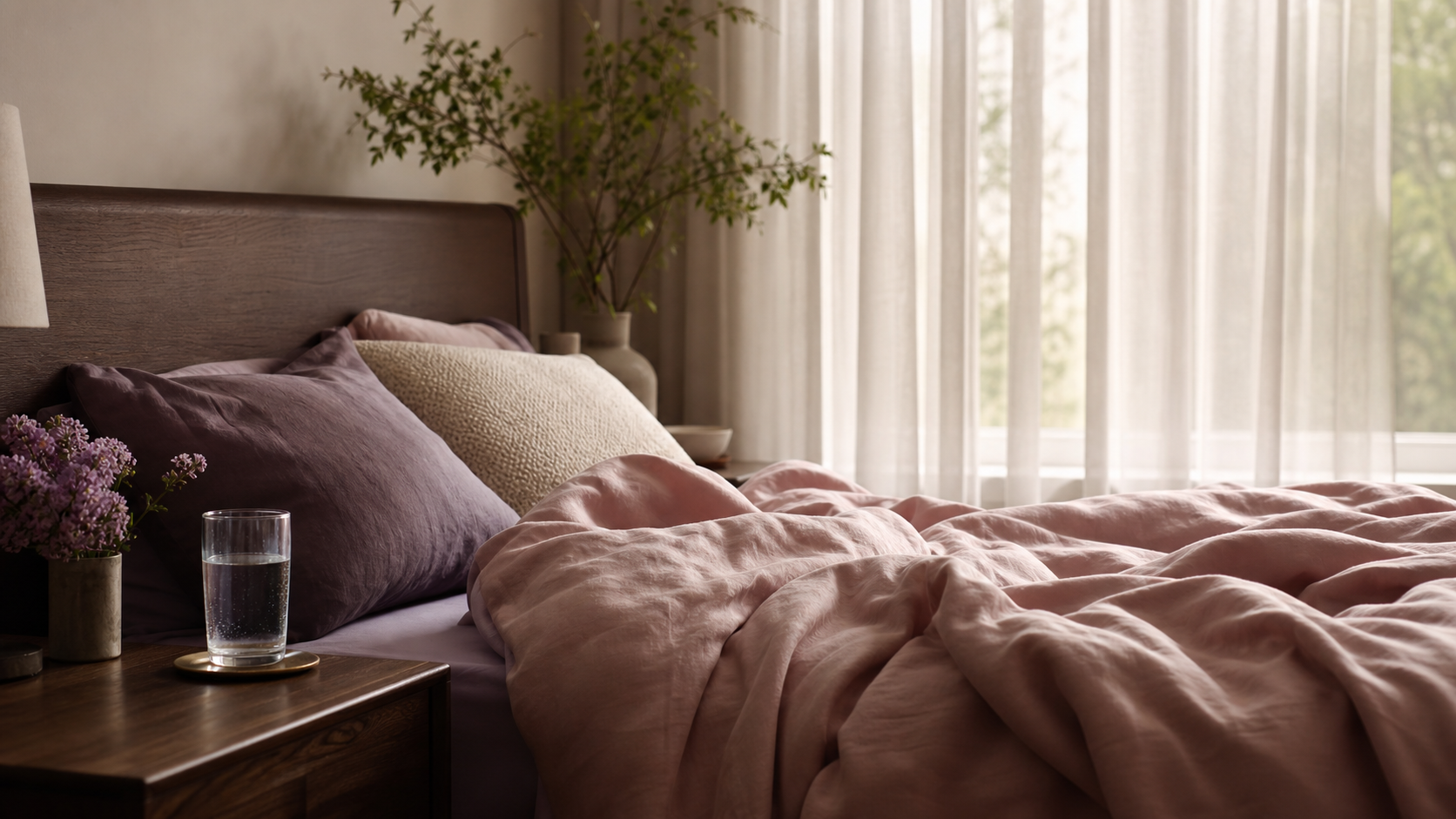 Quarto aconchegante com copo de água sobre criado-mudo e cama confortável, sugerindo repouso durante a crise