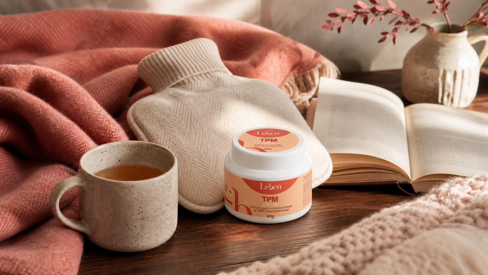 Pote branco oficial do Creme TPM Leben com rótulo coral e rosa