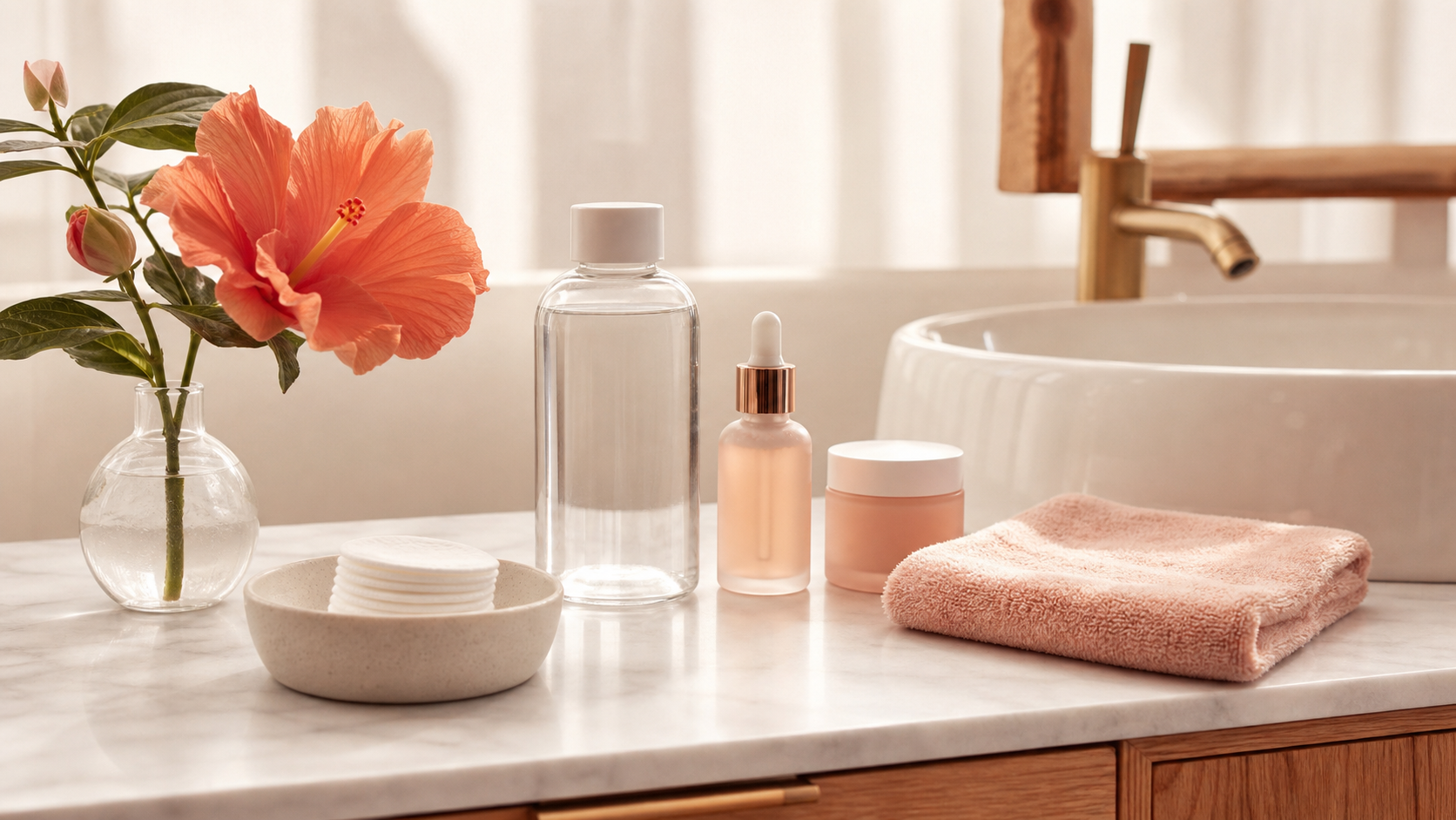 Frascos de skincare e toalha rosa organizados sobre bancada de banheiro em mármore