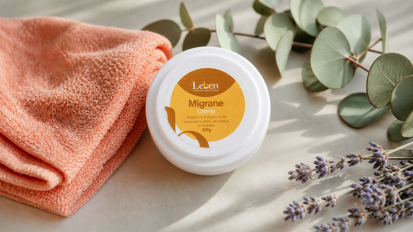Pote oficial branco do Creme Migrane Leben com rótulo coral