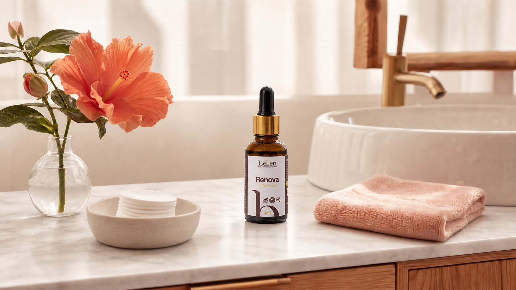 Frasco âmbar oficial do Renova Tônico Facial Leben com conta-gotas