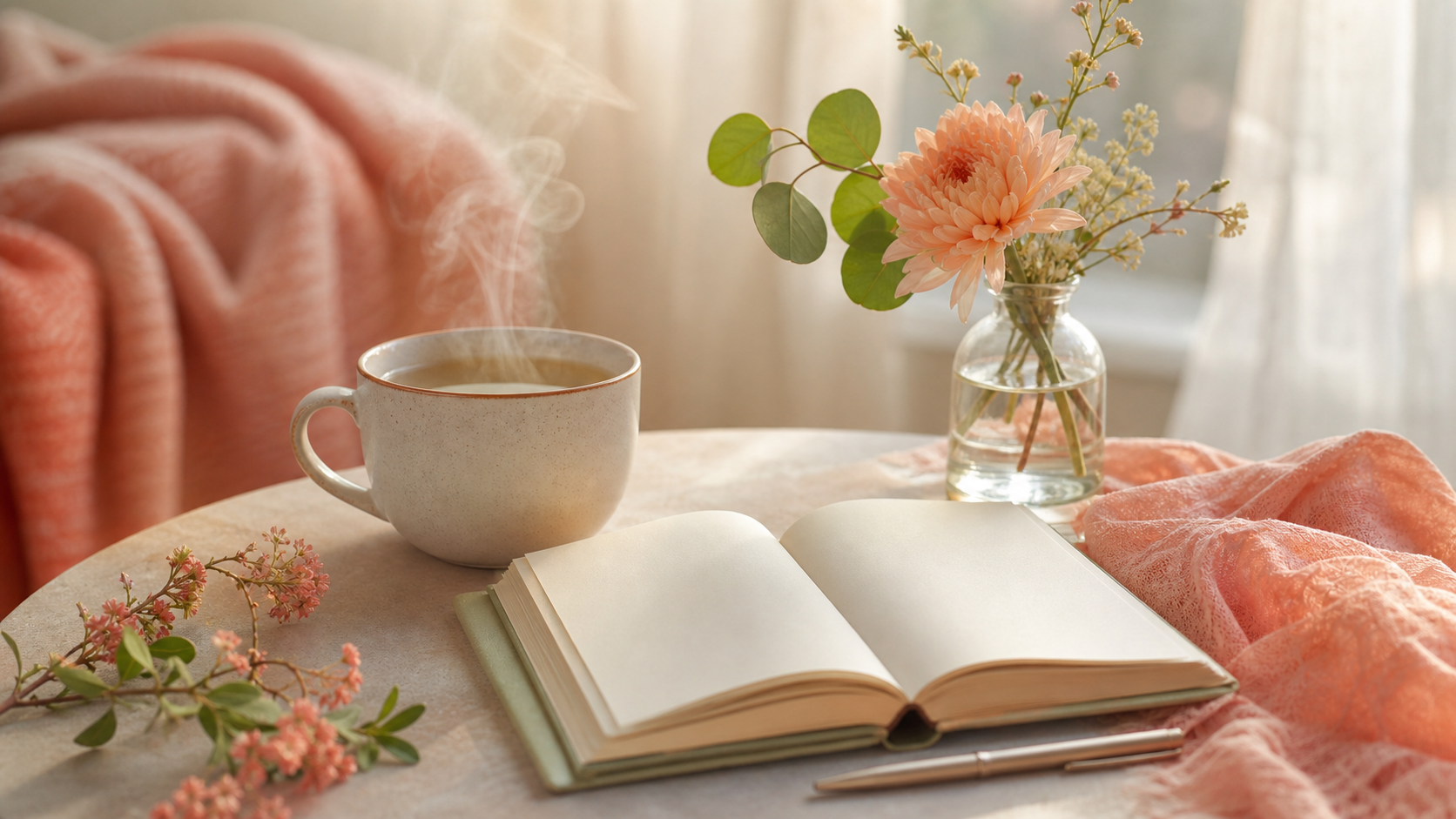 Xícara de chá quente sobre mesa com caderno aberto e vasinho de flores