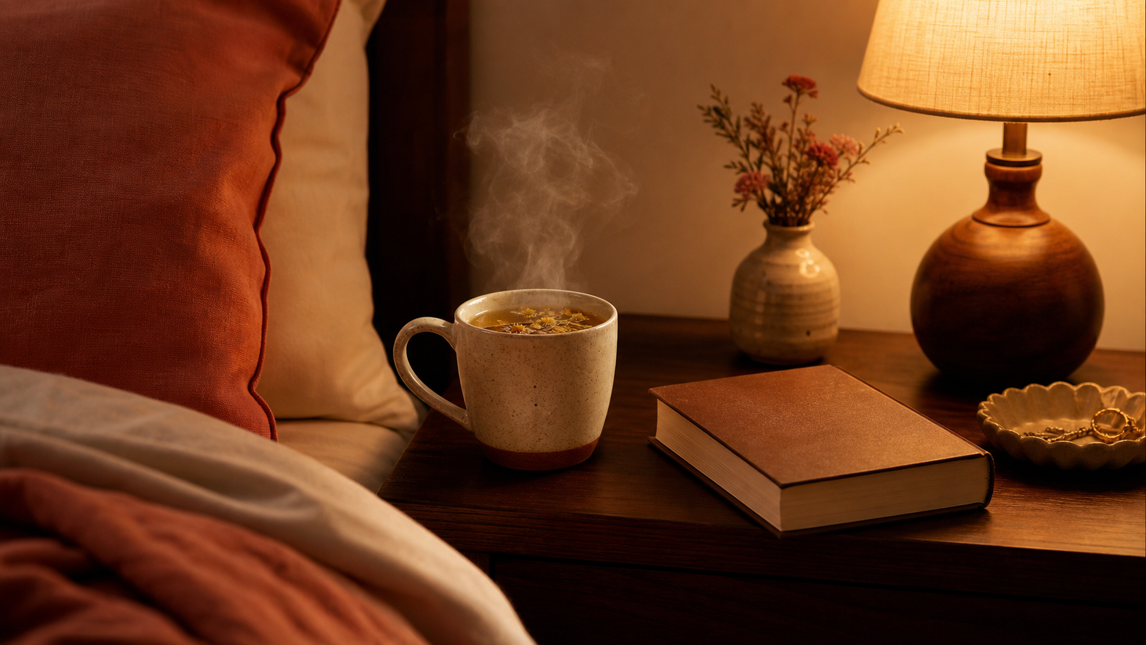 Caneca fumegante de chá ao lado de livro sobre criado-mudo de madeira