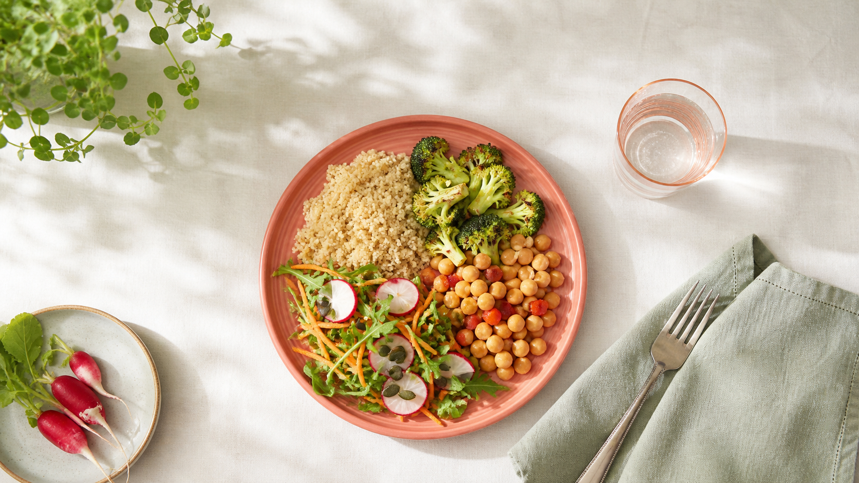 Prato equilibrado com quinoa, brócolis, grão-de-bico e salada verde sobre mesa clara