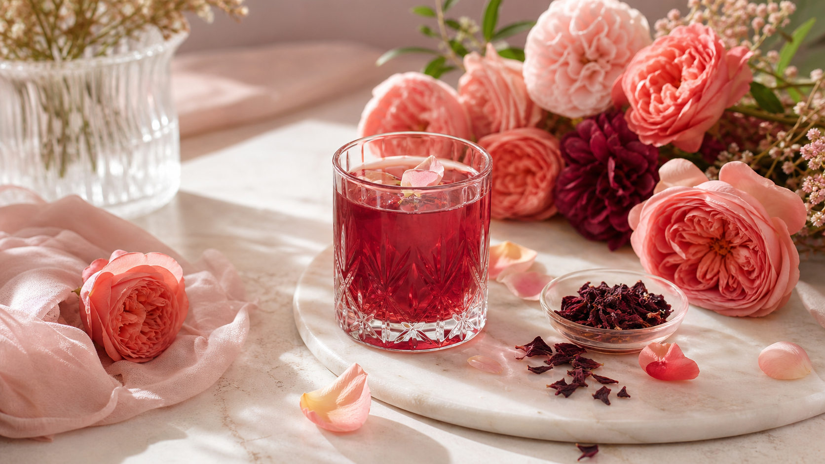 Copo de bebida rosada cercado por rosas cor-de-rosa e pétalas de hibisco