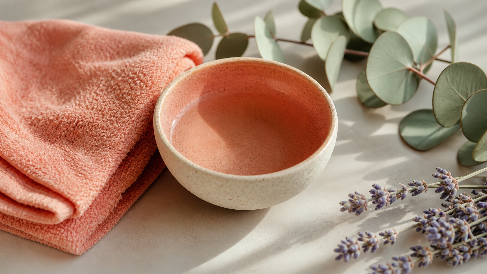 Pequena tigela de cerâmica com líquido rosado ao lado de toalha pêssego e ramos de lavanda