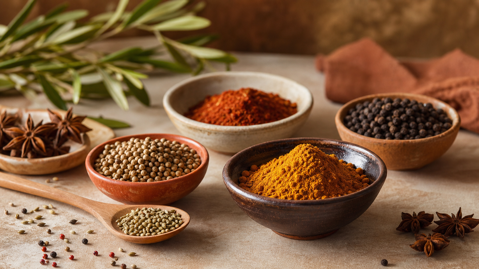 Tigelas de cerâmica com especiarias variadas — cúrcuma, pimenta e anis-estrelado — sobre superfície texturizada